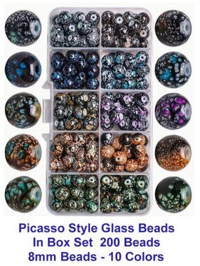 Picasso Style Glass Beads In Box Set  200 Beads  10 Colors